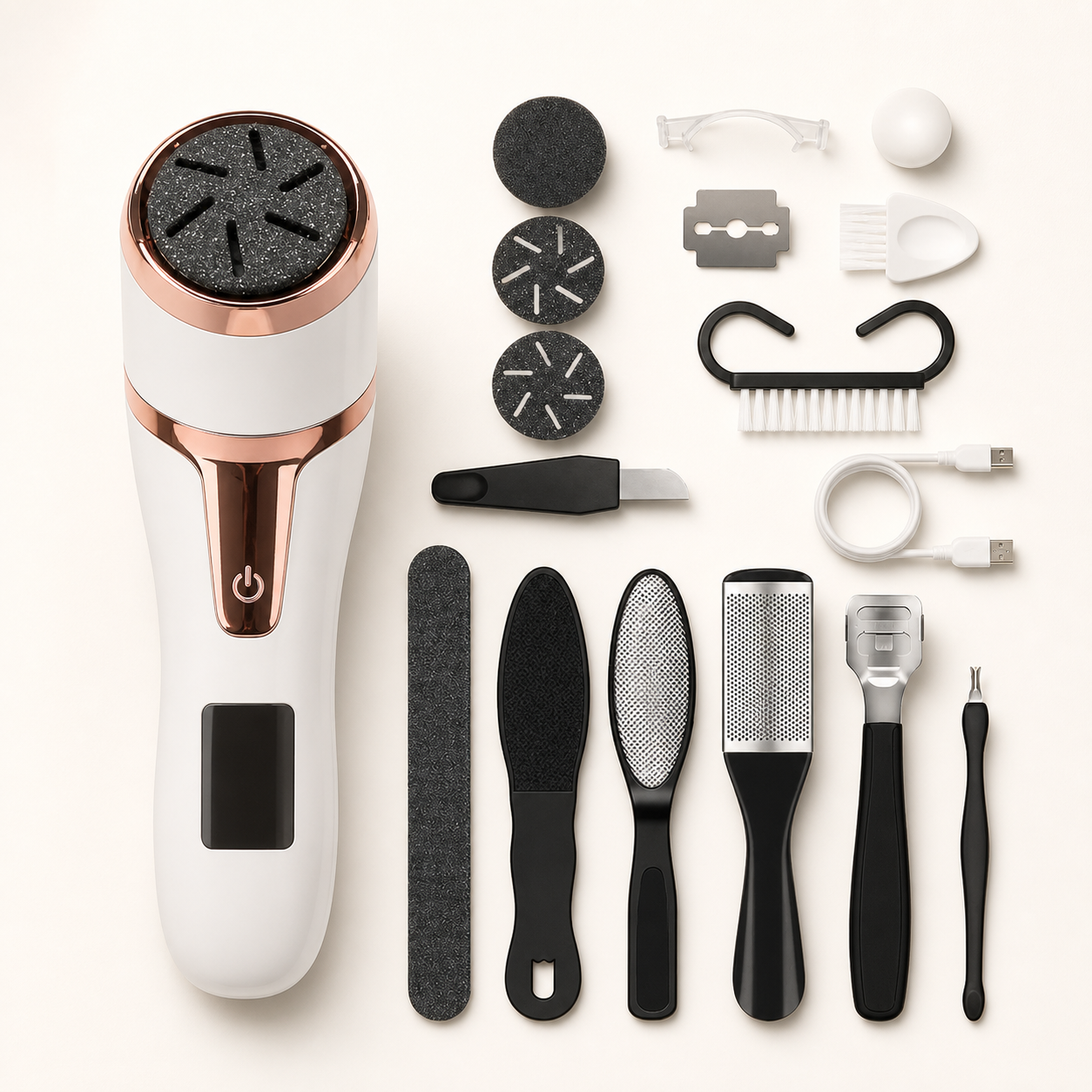 SoleReset Vacuum Pedicure Kit laid out on a warm off-white background